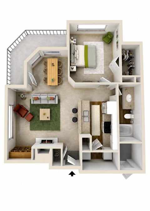 Floor plan for 1 bed, 1 bath, 761 sqft